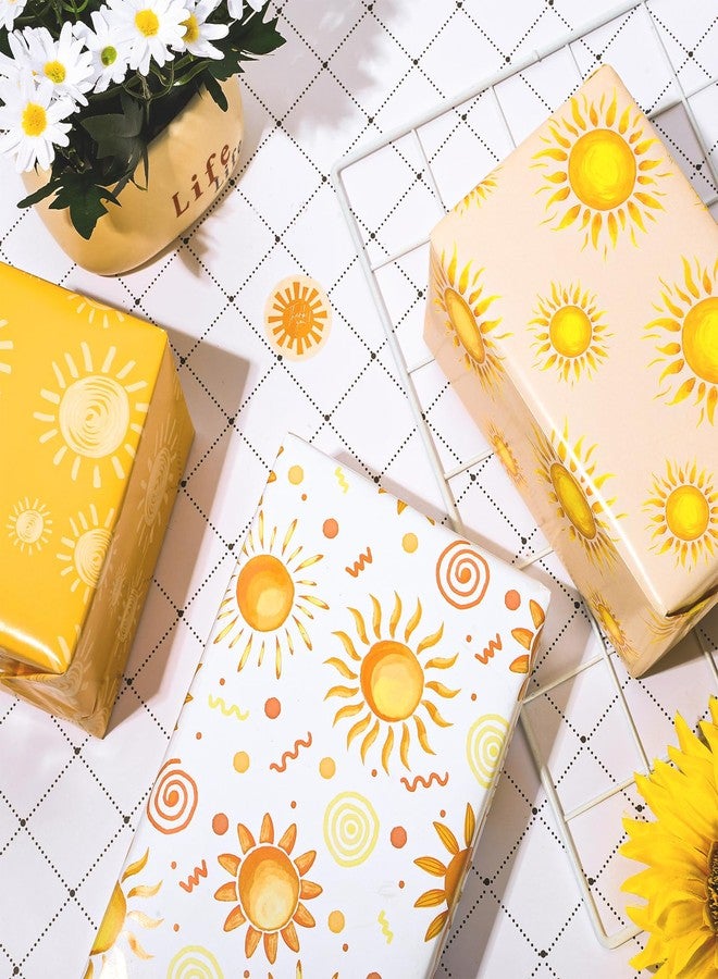 وولاين ورق تغليف هدايا Whaline مكون من 12 ورقة بتصميم بوهيمي شمسي مائي، 4 تصاميم، لون أصفر، مقاس 19.7 × 27.6 بوصة، مطوي بشكل مسطح، مثالي لأعياد الميلاد وحفلات استقبال المولود الجديد والحرف اليدوية وتزيين الهدايا. - Image 4